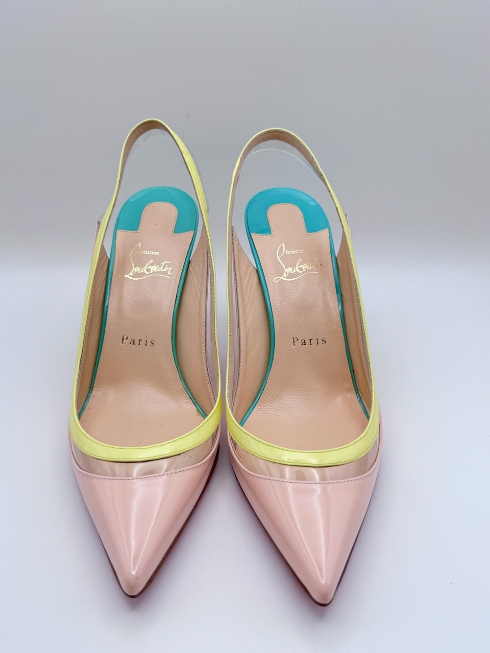 Christian Louboutin Paulina Sling 85 Patent PVC Pumps Size 38 Poudre Pink